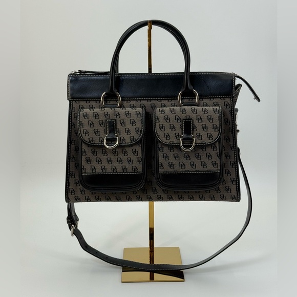 VTG Dooney & Bourke Canvas Double Pocket Satchel Gray DB Monogram Crossbody - Picture 2 of 16